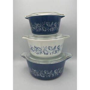 Pyrex Colonial Mist Casserole Set of Three with lids 475-B 474-B 473-B